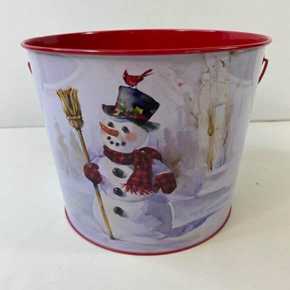 Holiday Time Christmas Winter Metal Tin Pail Snowman Cardinal Design Decoration - Picture 1 of 5